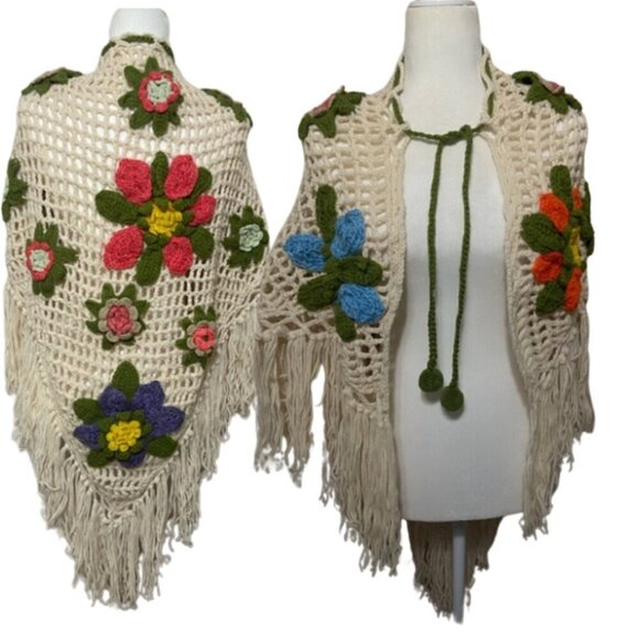 Handmade LIKE NEW crochet floral fringe trim pom pom tie shawl wrap scarf - Picture 1 of 4